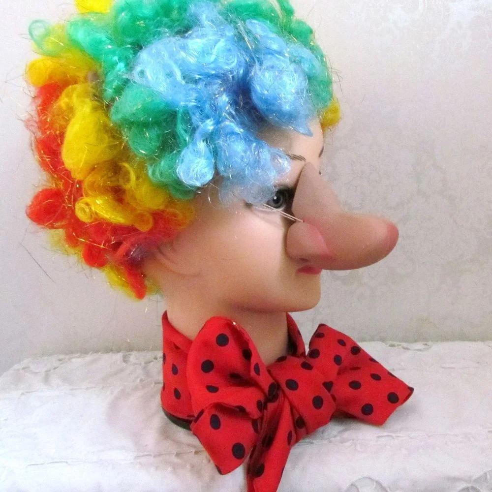 CLOWN COSTUME w WIG, KIDS M-L, RAINBOW CURLY WIG + NOSES, SCARF & SOCKS, FUN!